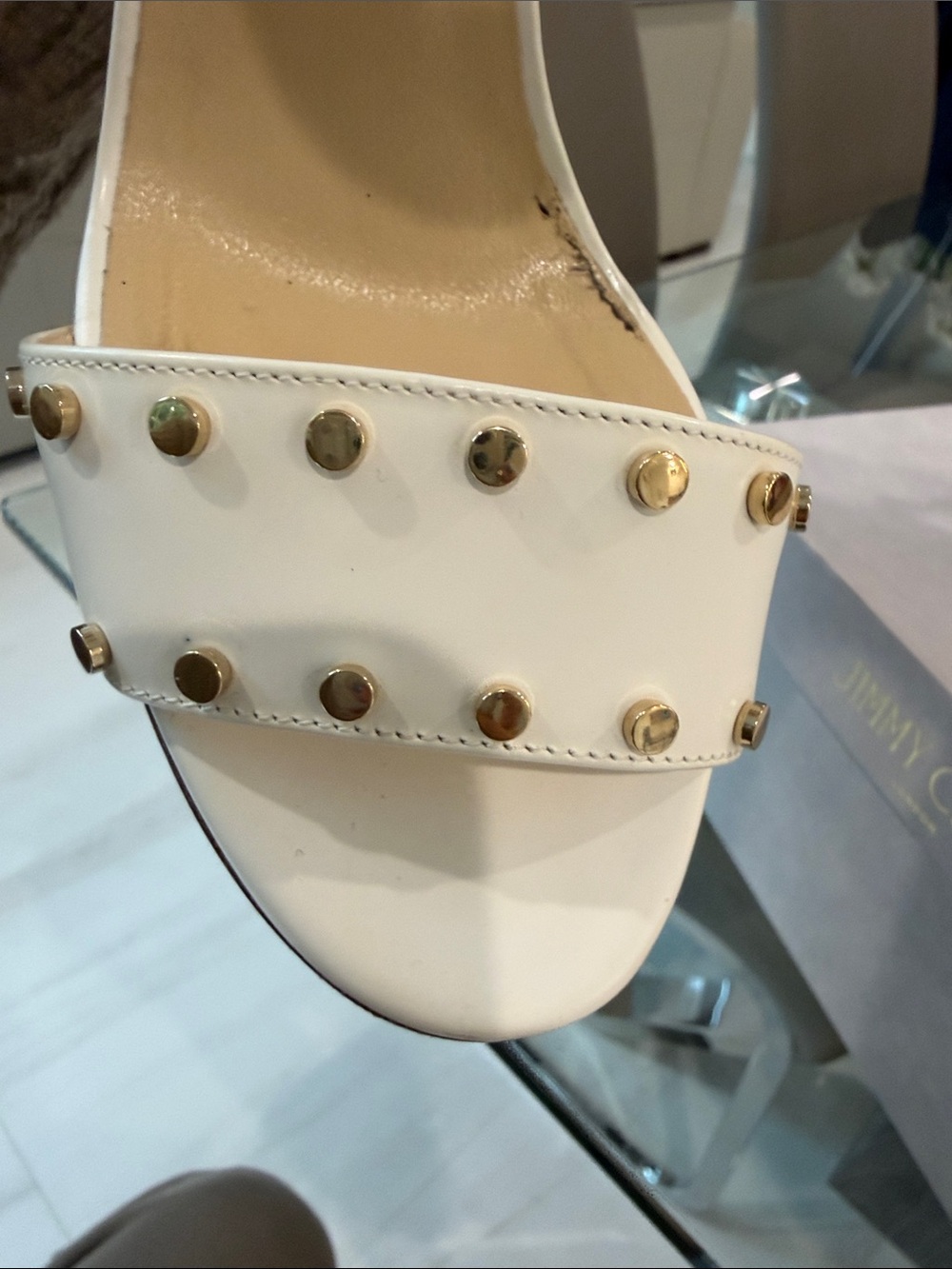 Jimmy Choo White Studded Block Heel Sandals with Ankle Cuff size 39 - Picture 6 of 9